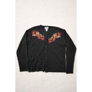 Vintage Pendleton Floral Embroidered Cardigan Wool Blend Black Sweater XL